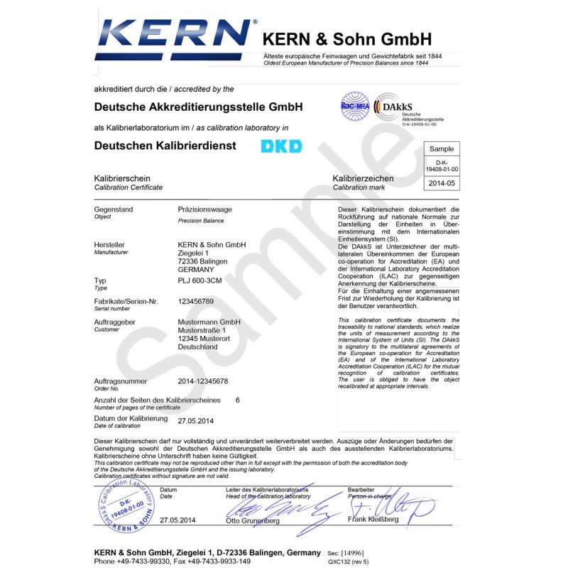 Kern Calibration Certificate for Scales and Balances up to 50kg Capacity Kern and Sohn - 1